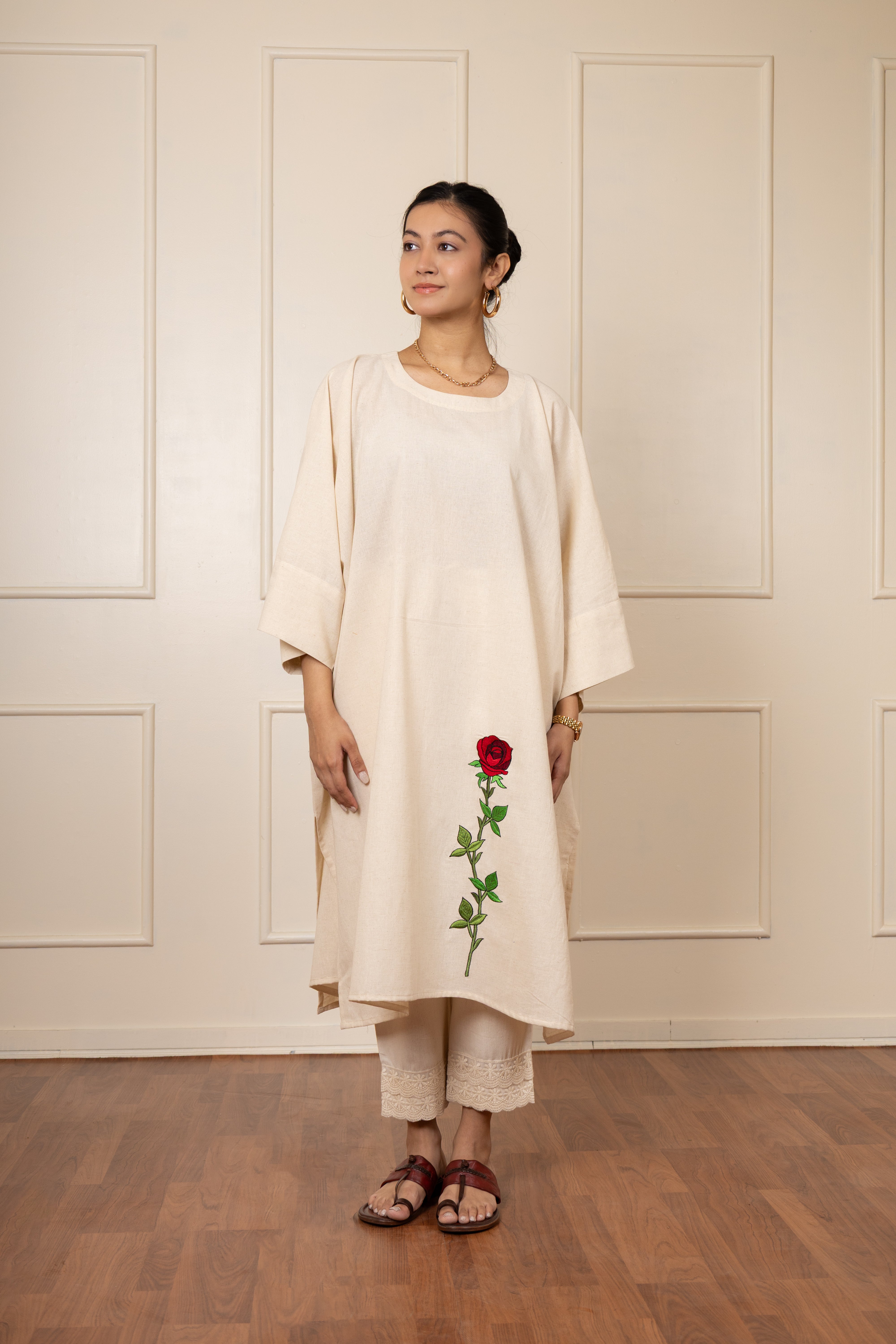 Adah beige embroidered kaftan style kurta in cotton-linen blend with Gulab motif