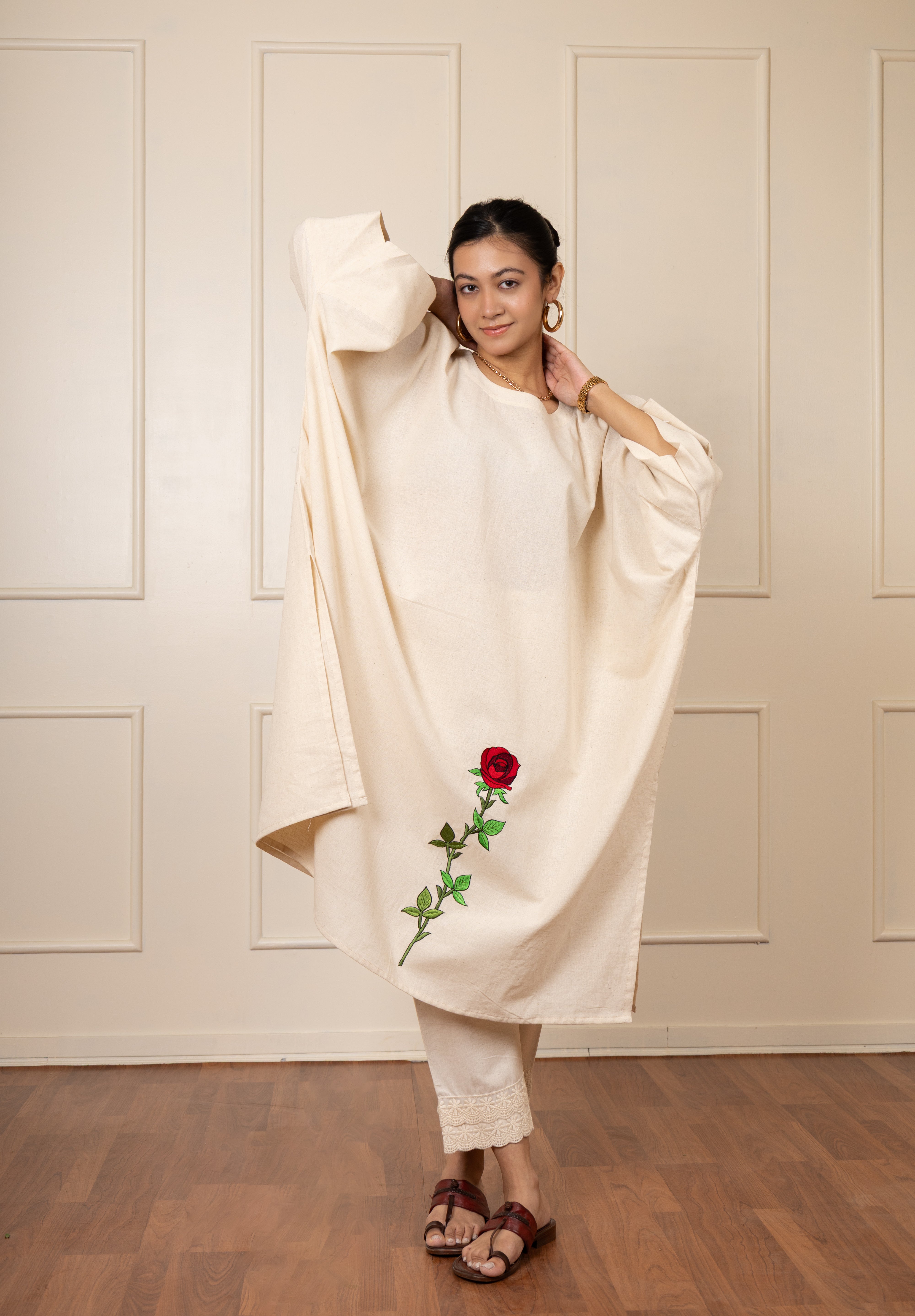 One-size beige kaftan kurta with Gulab embroidery, versatile as dress or paired with bottoms