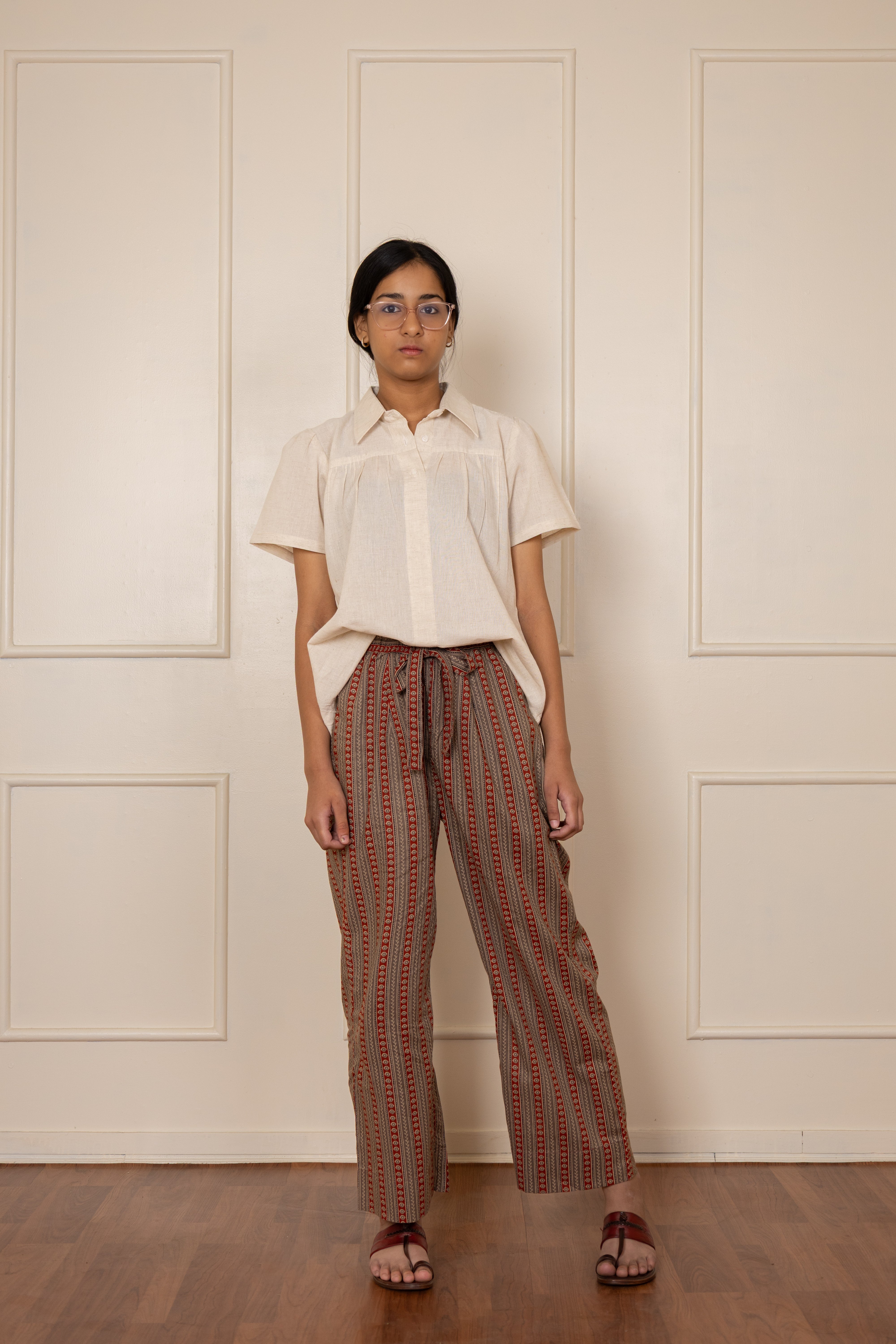 ''Phulera'' Hand Printed Red & Brown Striped Cotton Pants