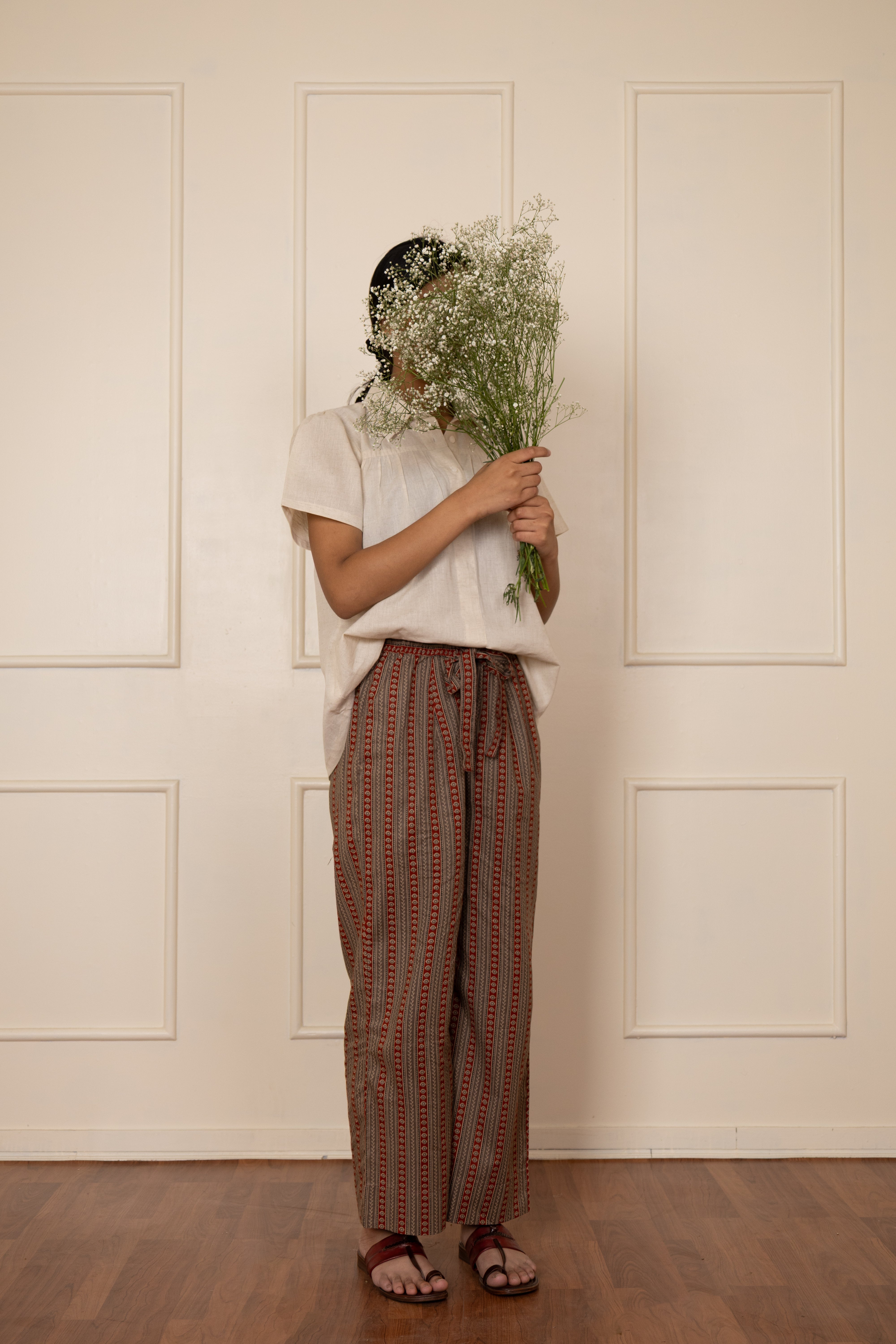 ''Phulera'' Hand Printed Red & Brown Striped Cotton Pants