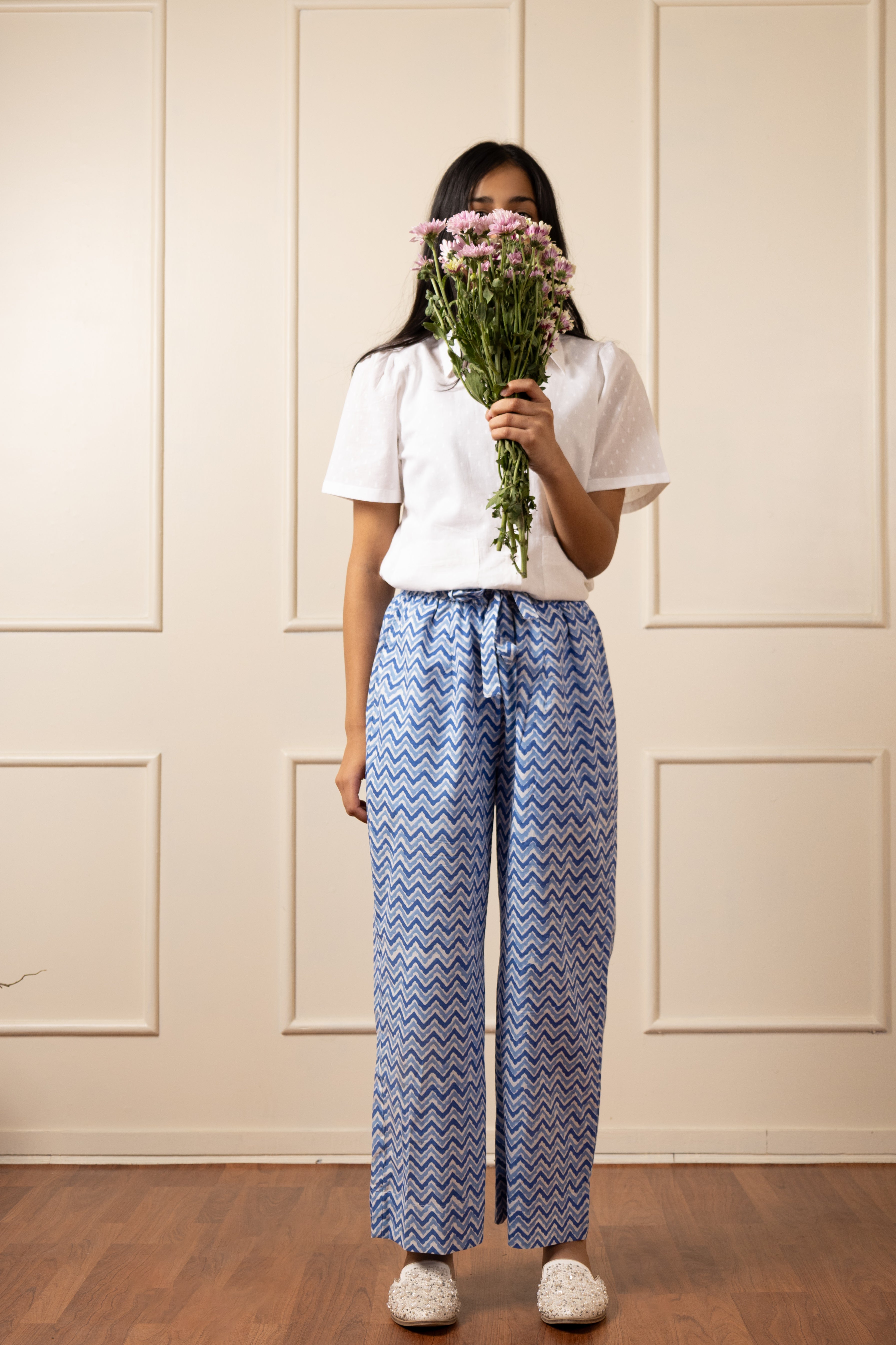 ''Dausa'' Hand Block Printed Blue Chevron pants- LIMITED EDITION