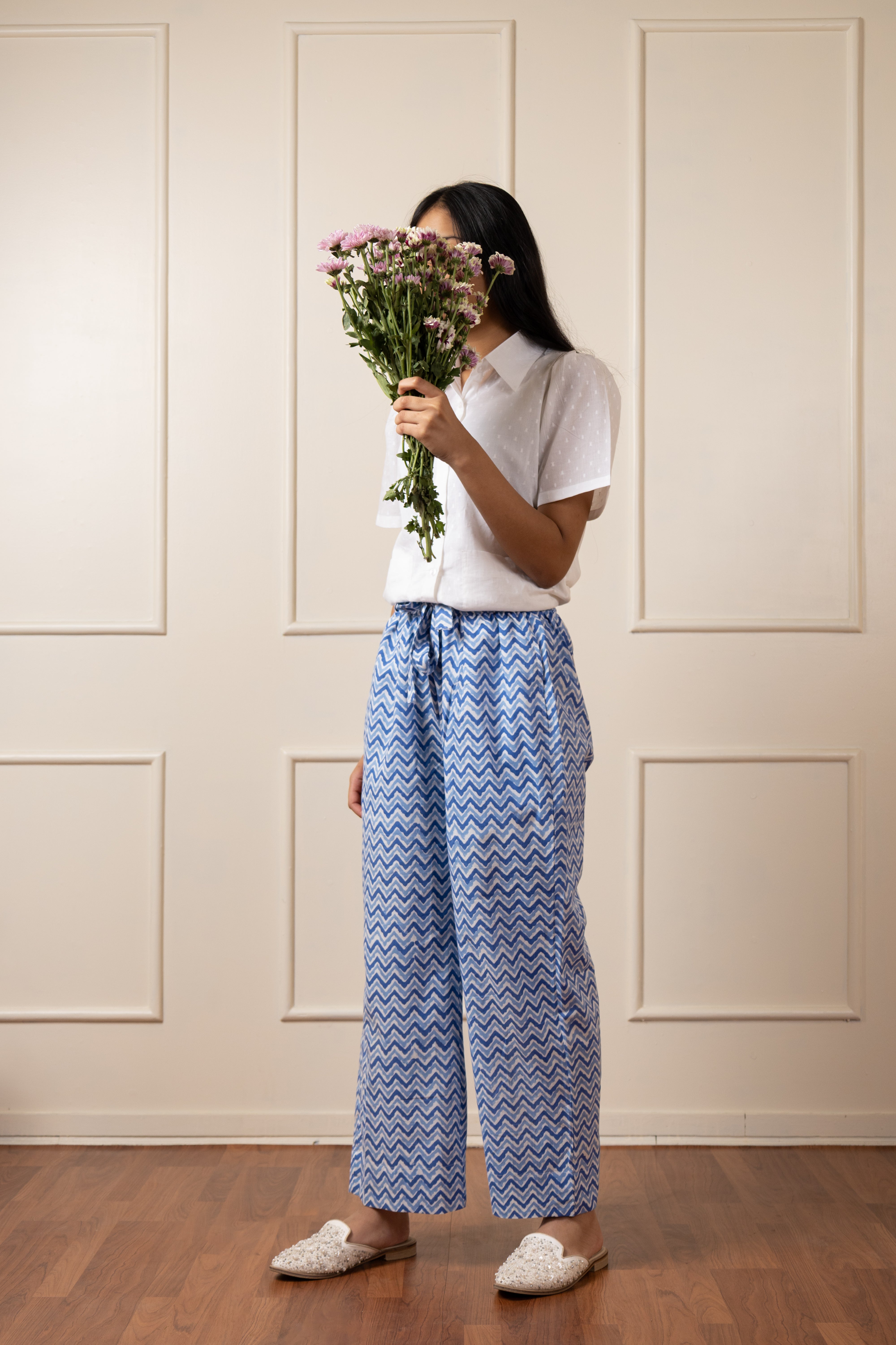 ''Dausa'' Hand Block Printed Blue Chevron pants- LIMITED EDITION