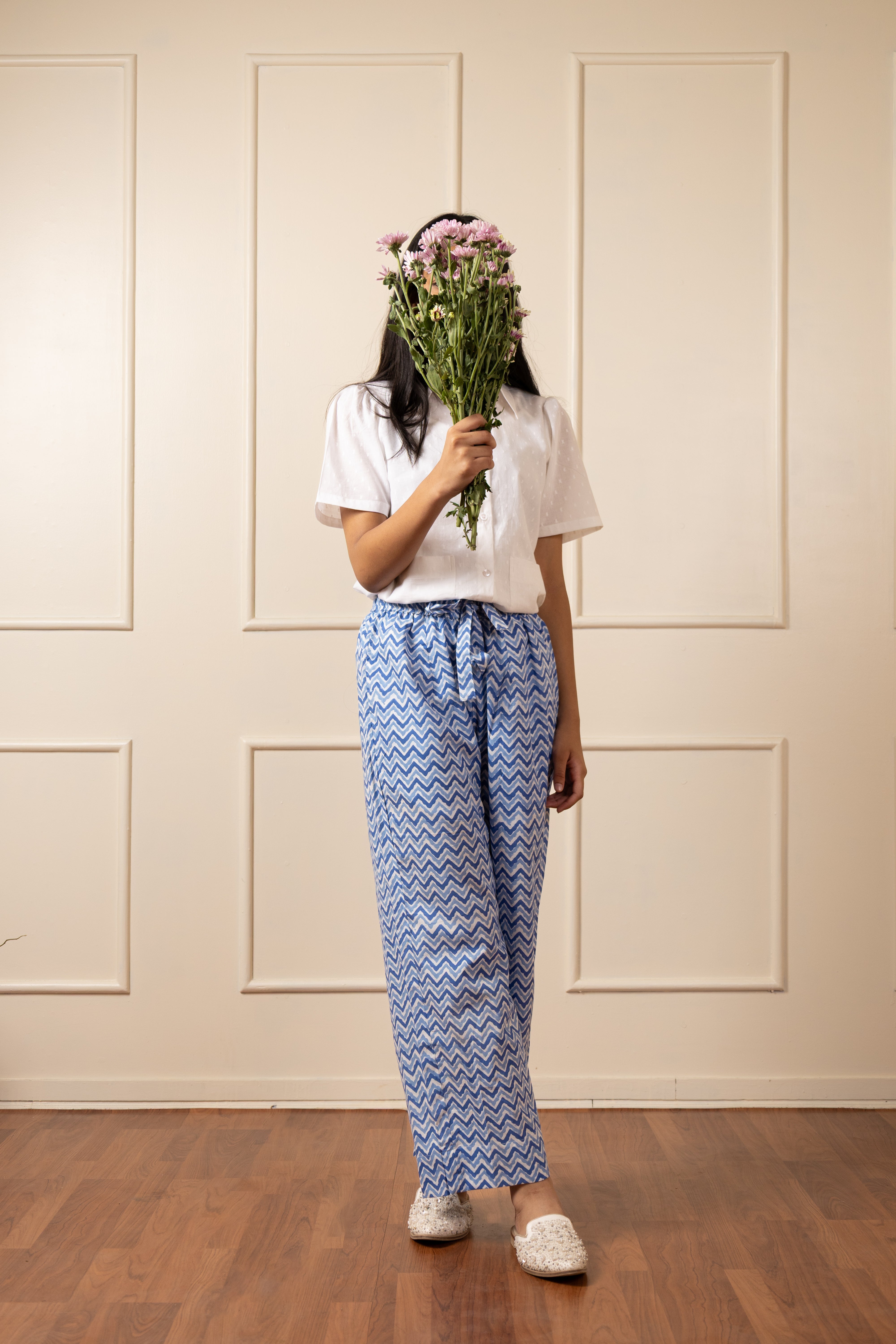 ''Dausa'' Hand Block Printed Blue Chevron pants- LIMITED EDITION