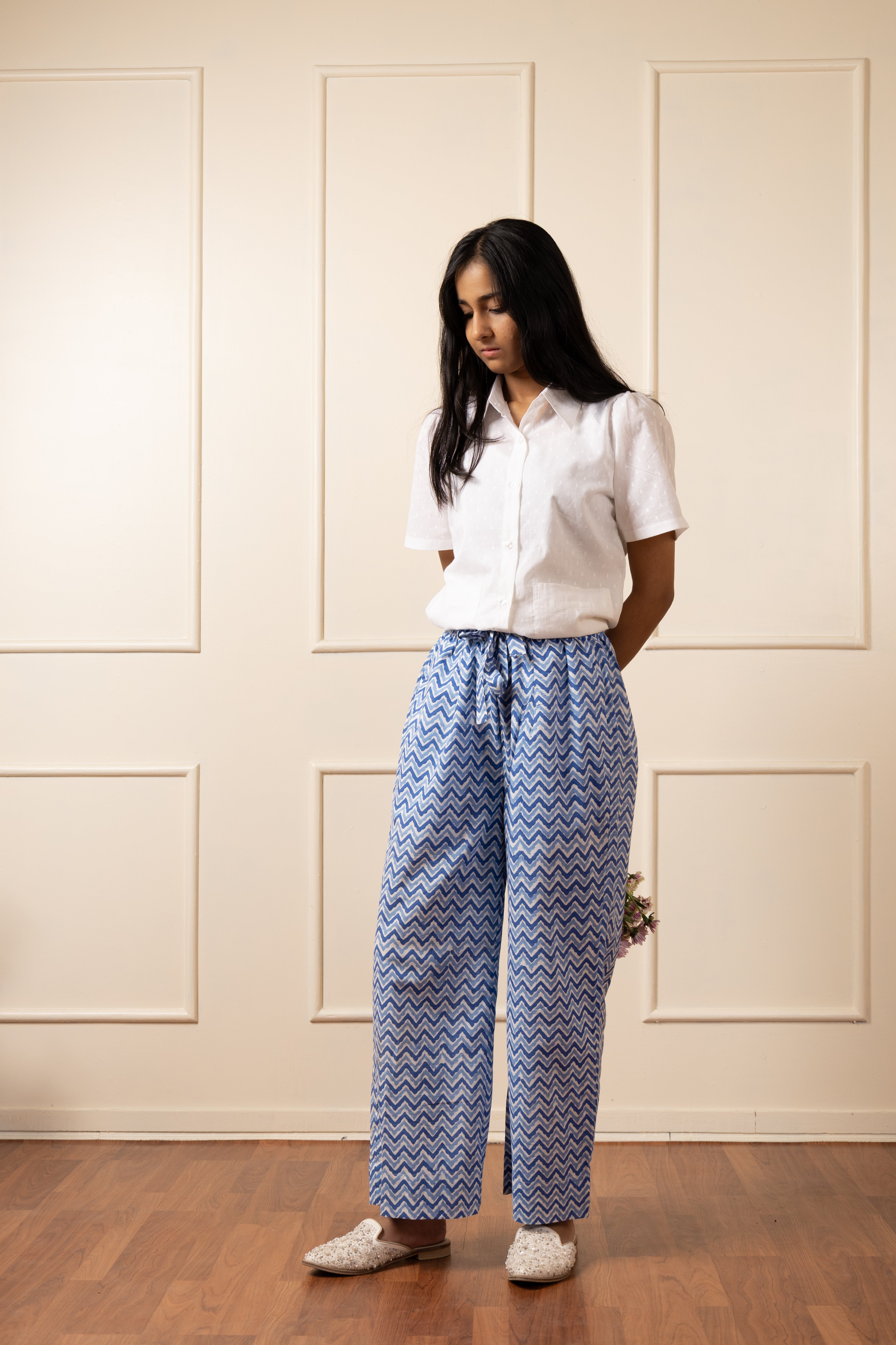 ''Dausa'' Hand Block Printed Blue Chevron pants- LIMITED EDITION