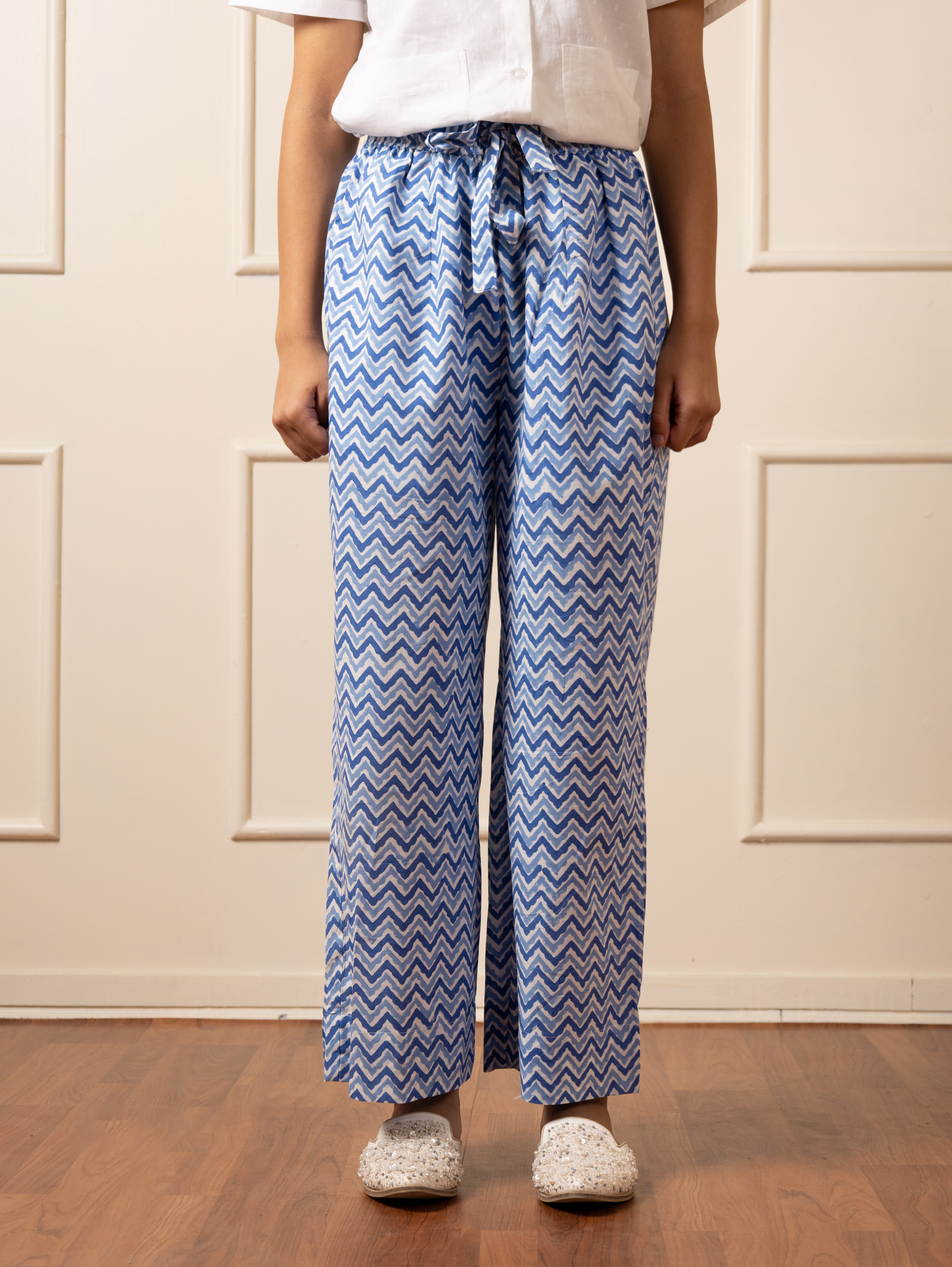 ''Dausa'' Hand Block Printed Blue Chevron pants- LIMITED EDITION