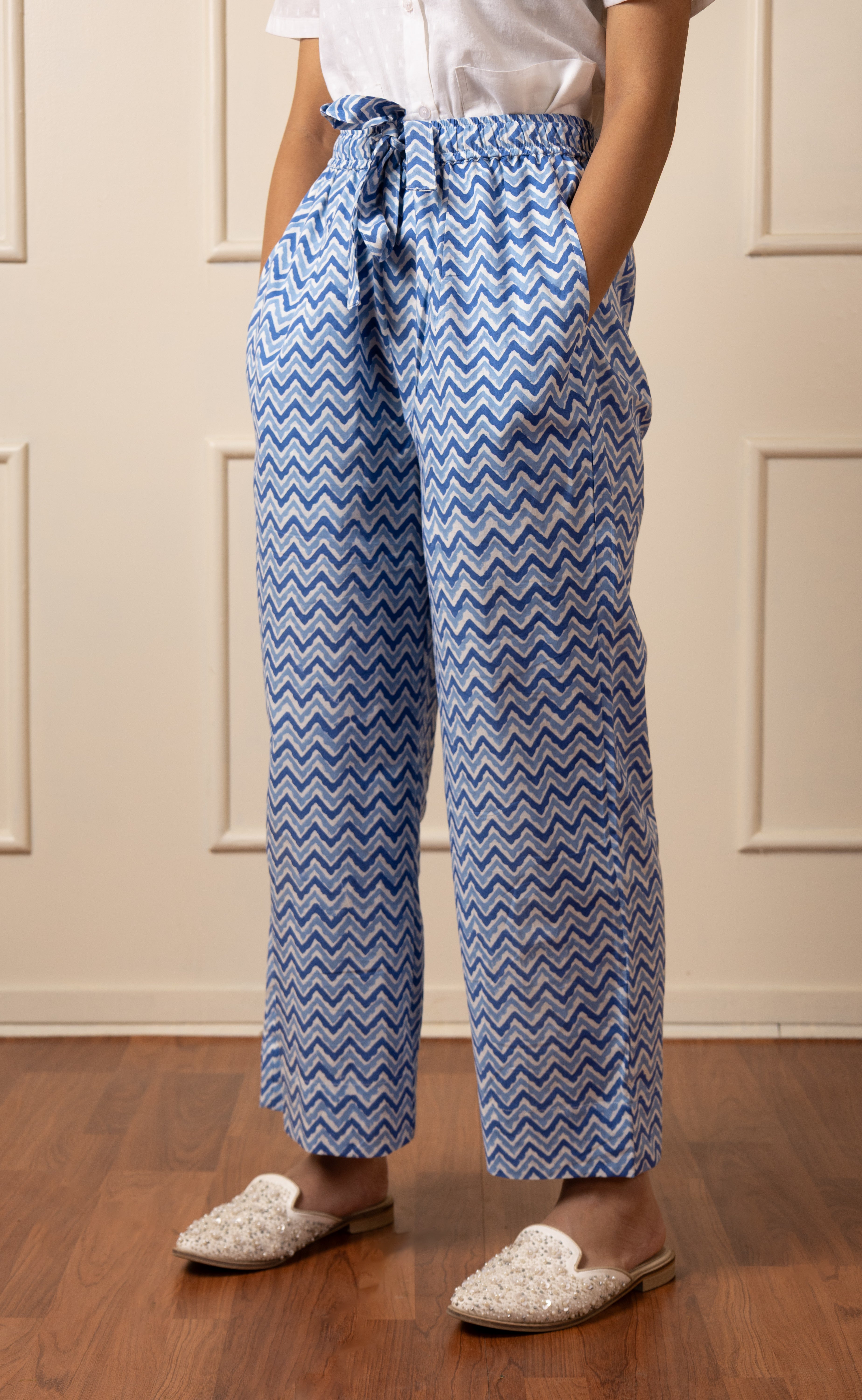 ''Dausa'' Hand Block Printed Blue Chevron pants- LIMITED EDITION