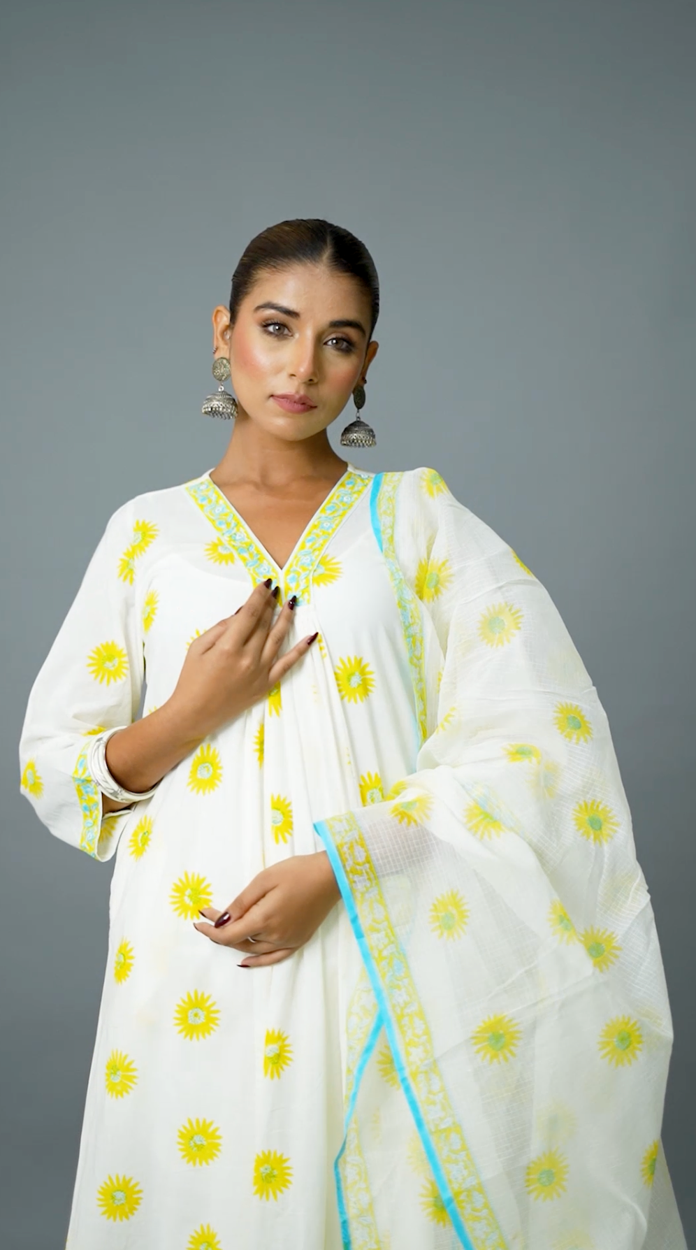 Sunflower hand block printed cotton kurta set with dupatta and lace pants