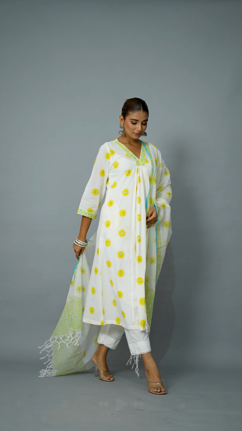 Artisanal sunflower printed A-line kurta with beadwork and pocket