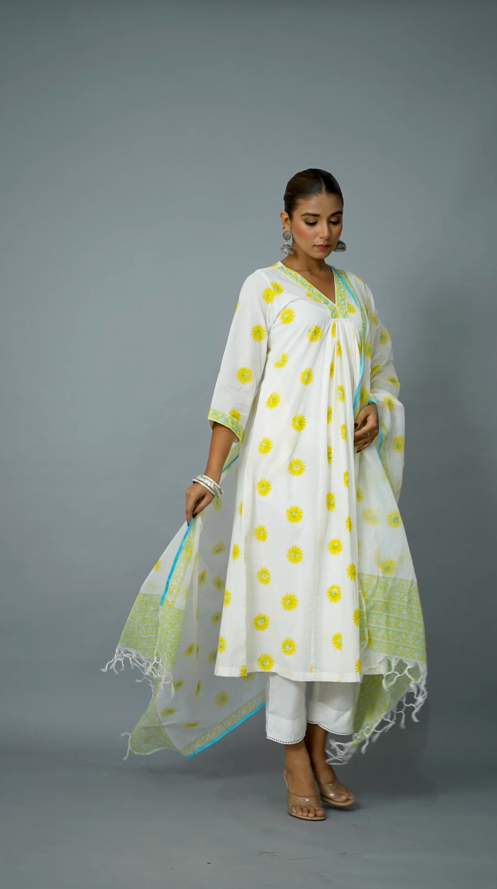 Elegant sunflower hand block printed kurta set with dupatta and relaxed pants