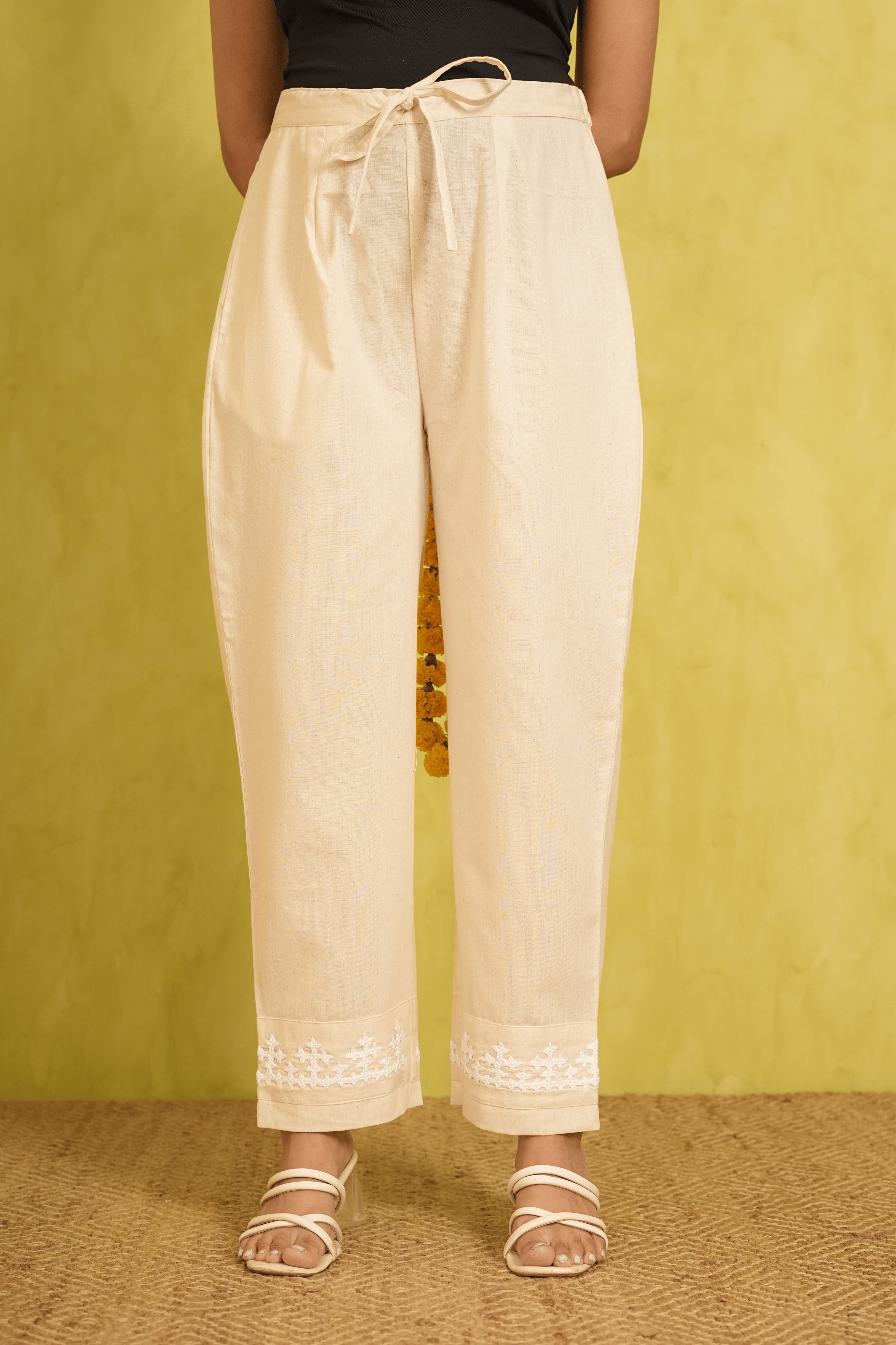 Beige Cotton- Linen pants with Sindhi Embroidery ( LIMITED EDIT )