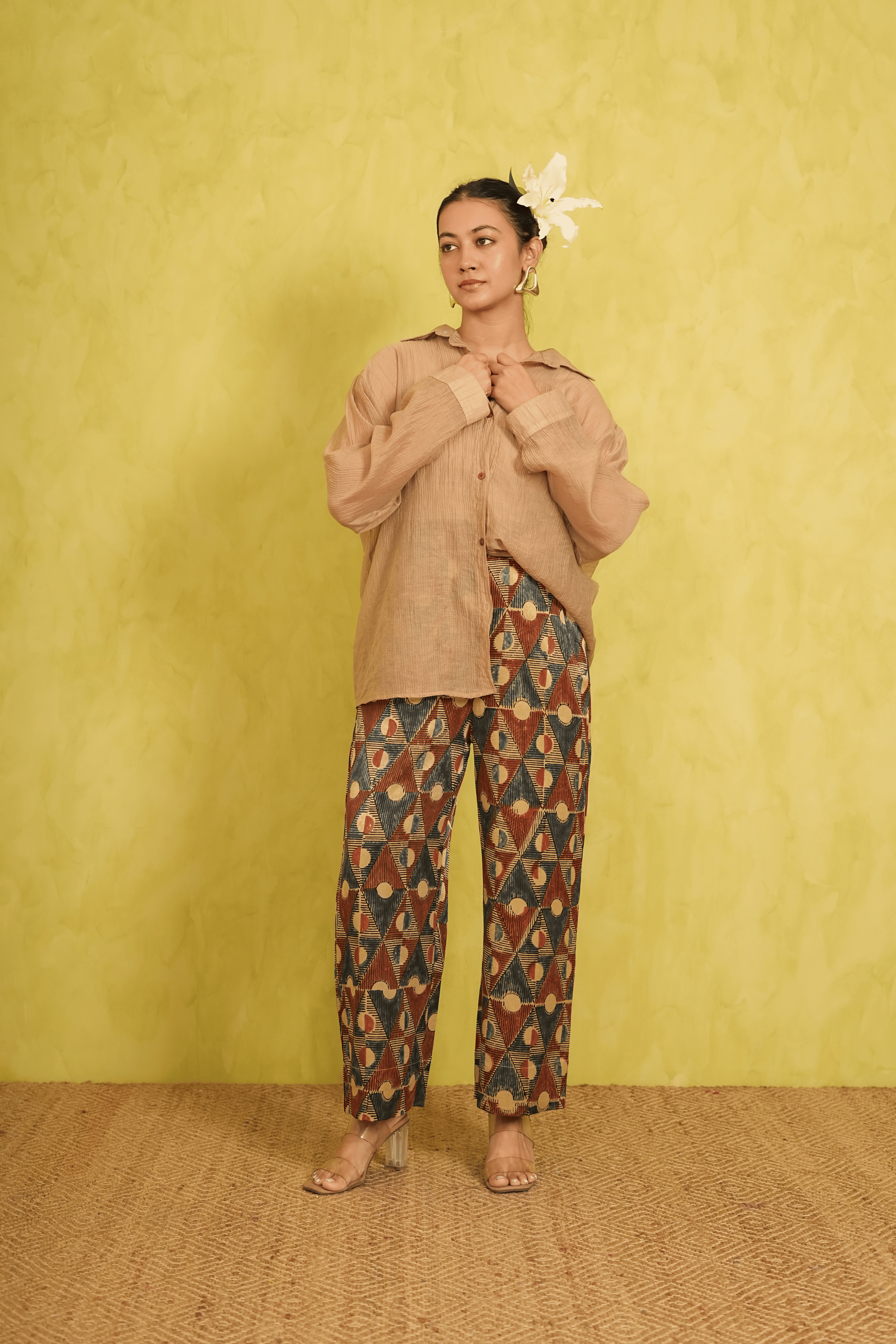 Ajrakh Ivory Mashru Silk Pants in Geometrical print( LIMITED EDITION )