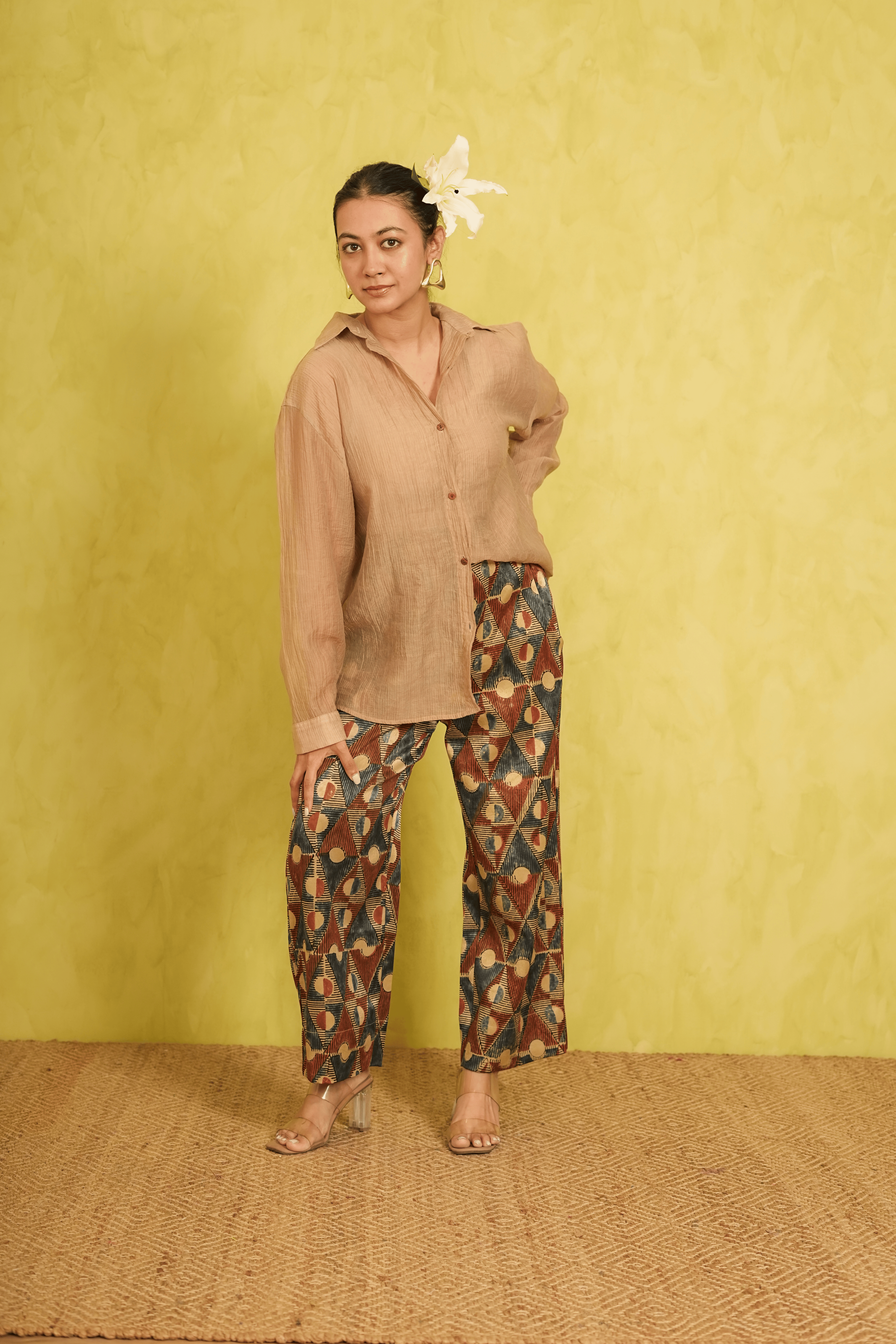 Ajrakh Ivory Mashru Silk Pants in Geometrical print( LIMITED EDITION )
