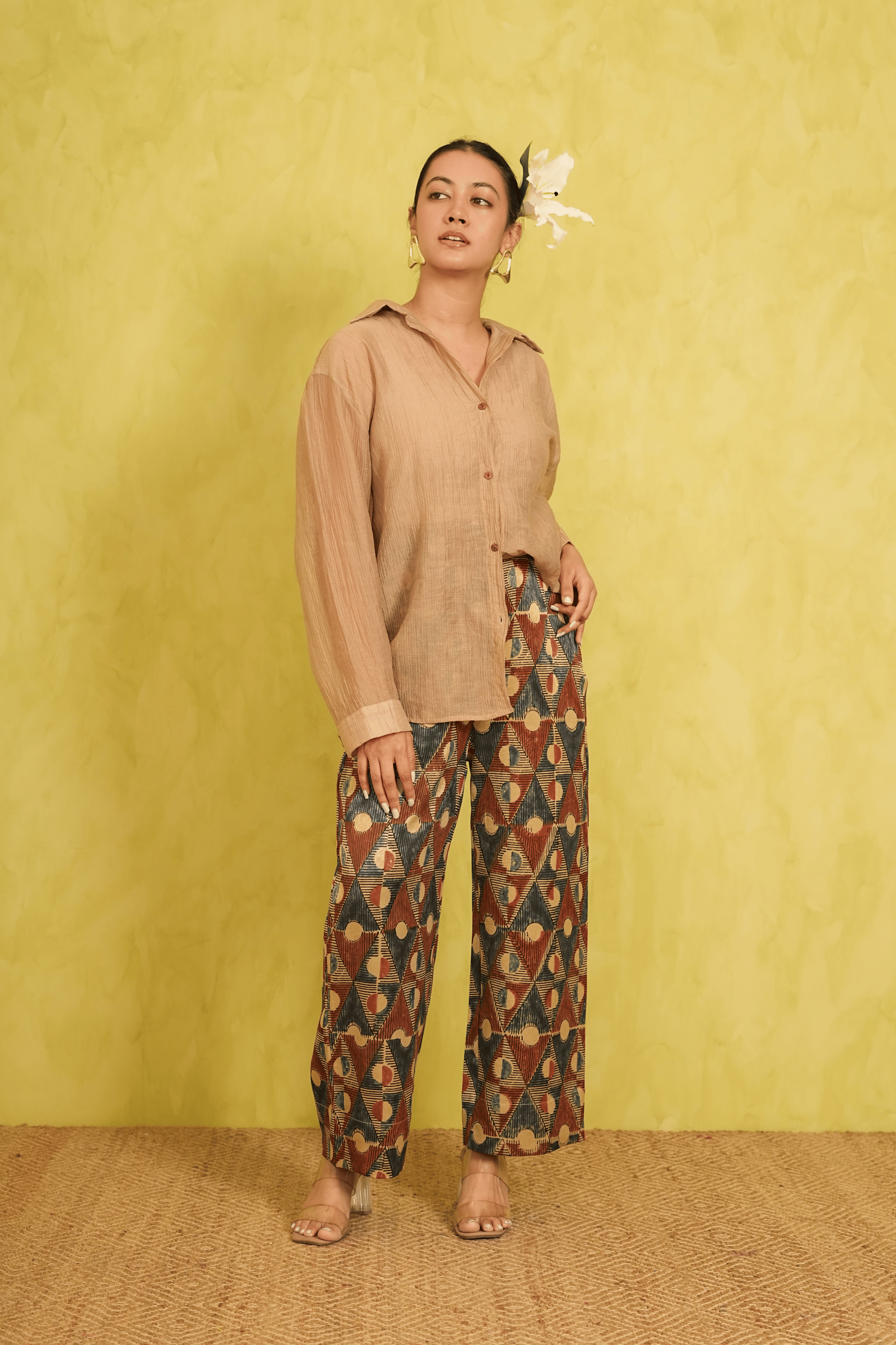 Ajrakh Ivory Mashru Silk Pants in Geometrical print( LIMITED EDITION )