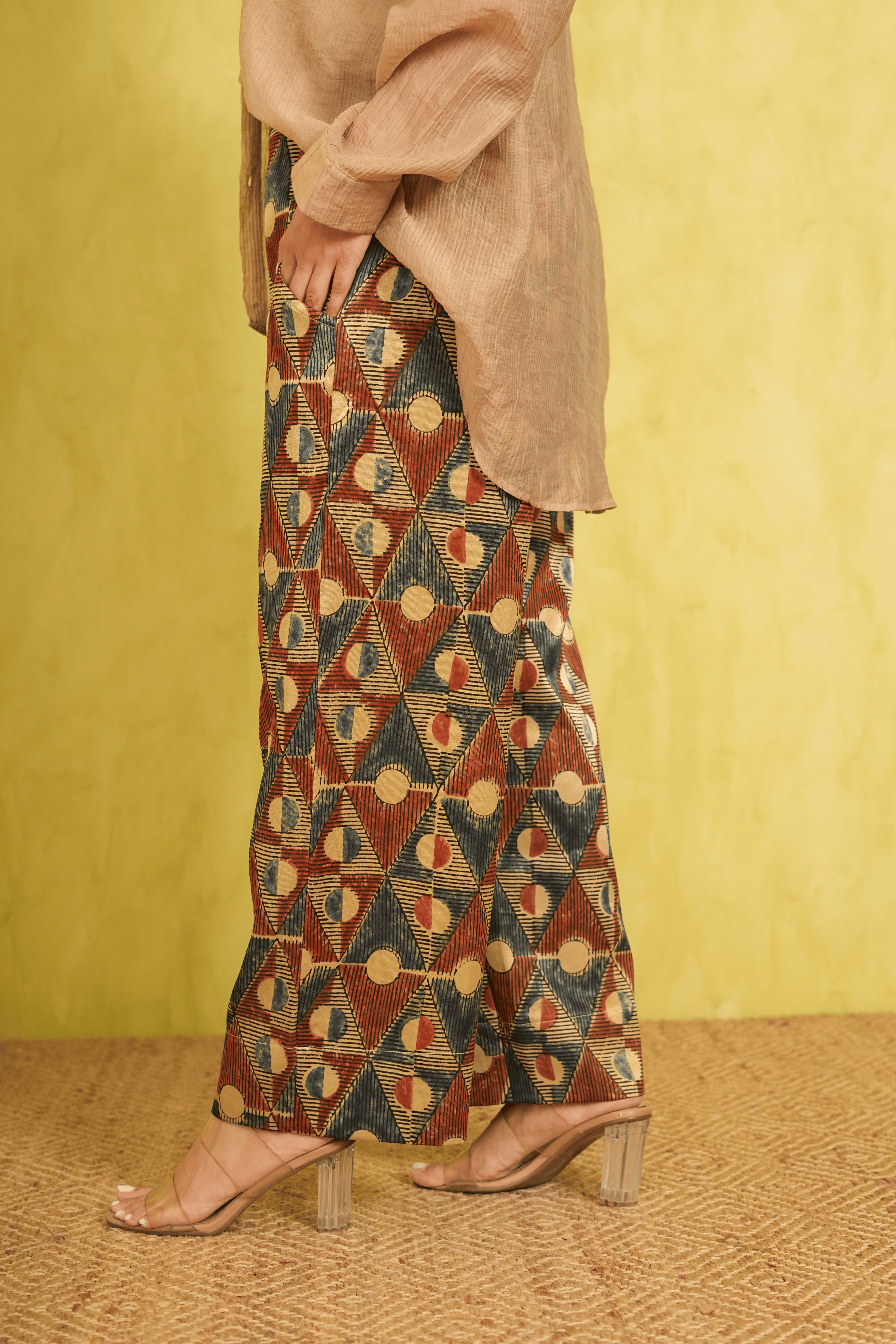 Ajrakh Ivory Mashru Silk Pants in Geometrical print( LIMITED EDITION )