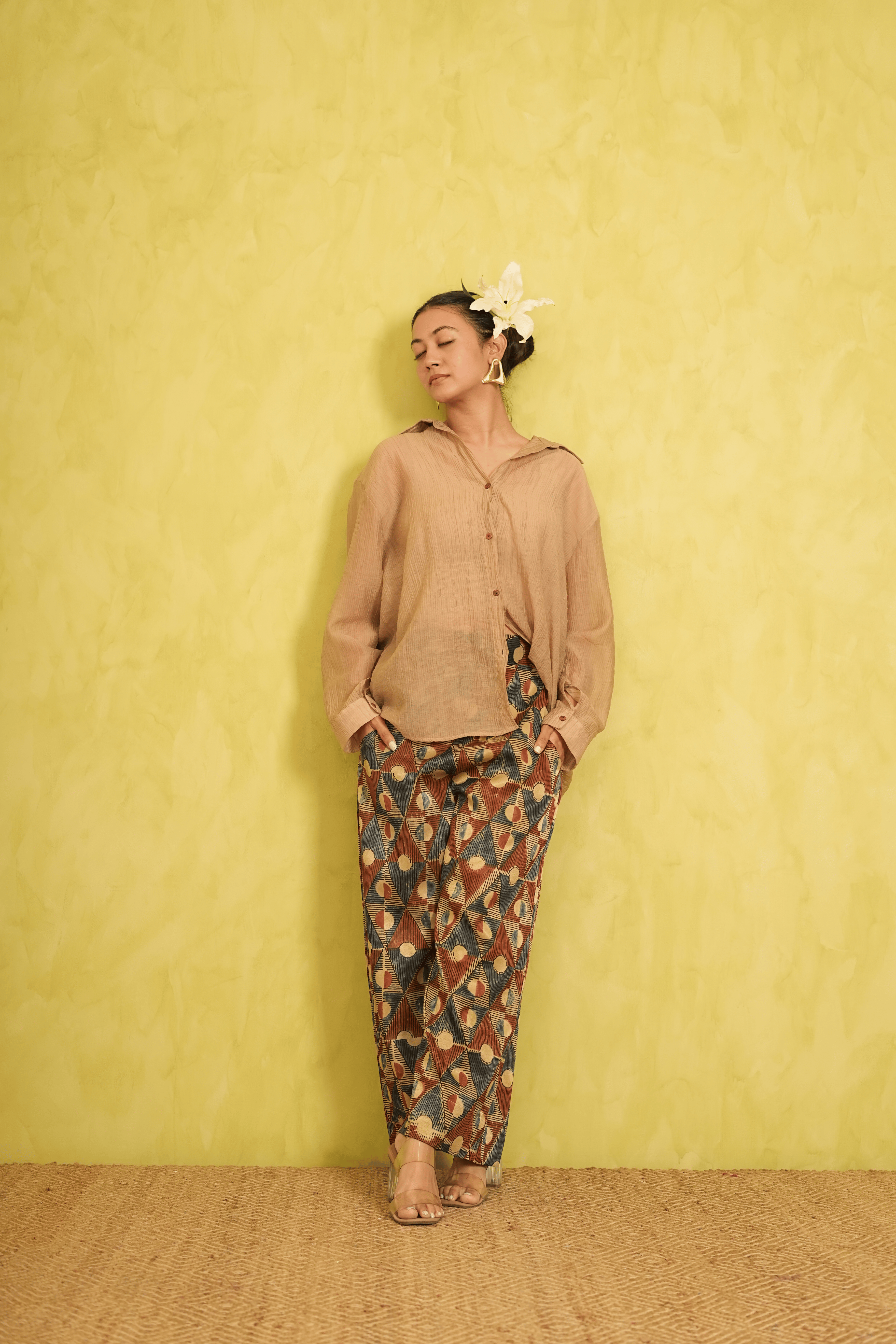 Ajrakh Ivory Mashru Silk Pants in Geometrical print( LIMITED EDITION )